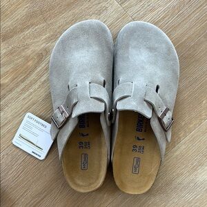 Birkenstock Gray Suede Boston Clogs
